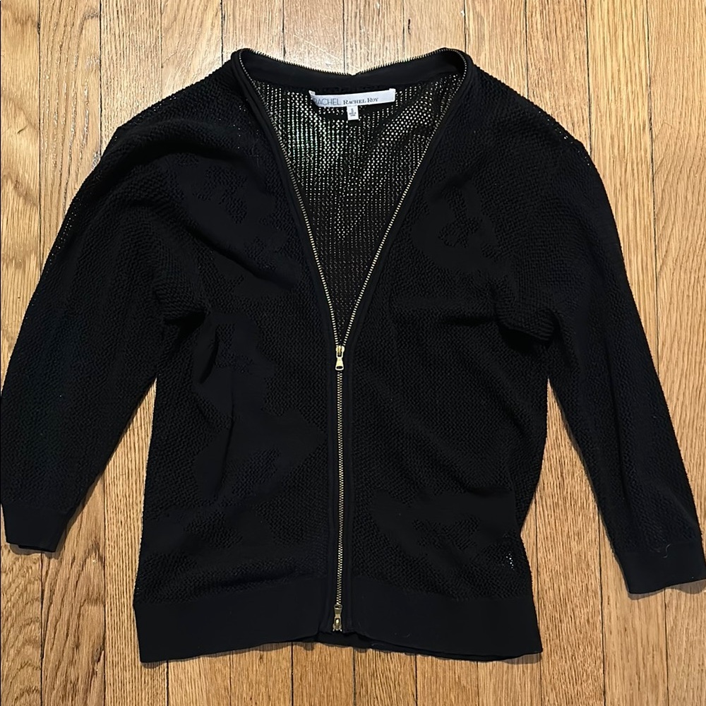 RACHEL Rachel Roy Black and Gold Mesh Cardigan with Floral Design